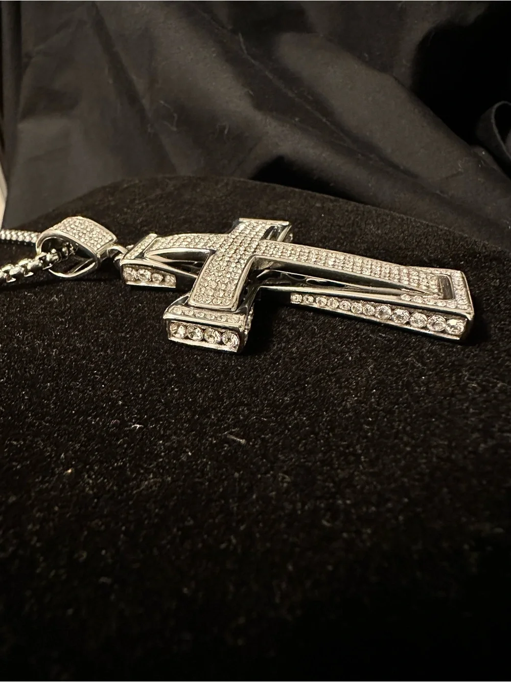Silver Pave Cubic Zirconia Cross Pendant Necklace for Men